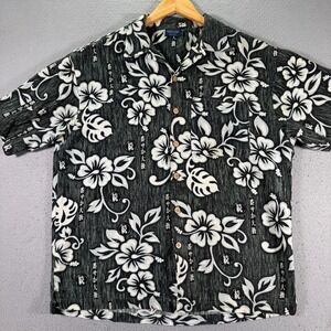 Vintage Side Out Kanji Floral Hawaiian Button Up Shirt Men Medium Green Surf Y2K